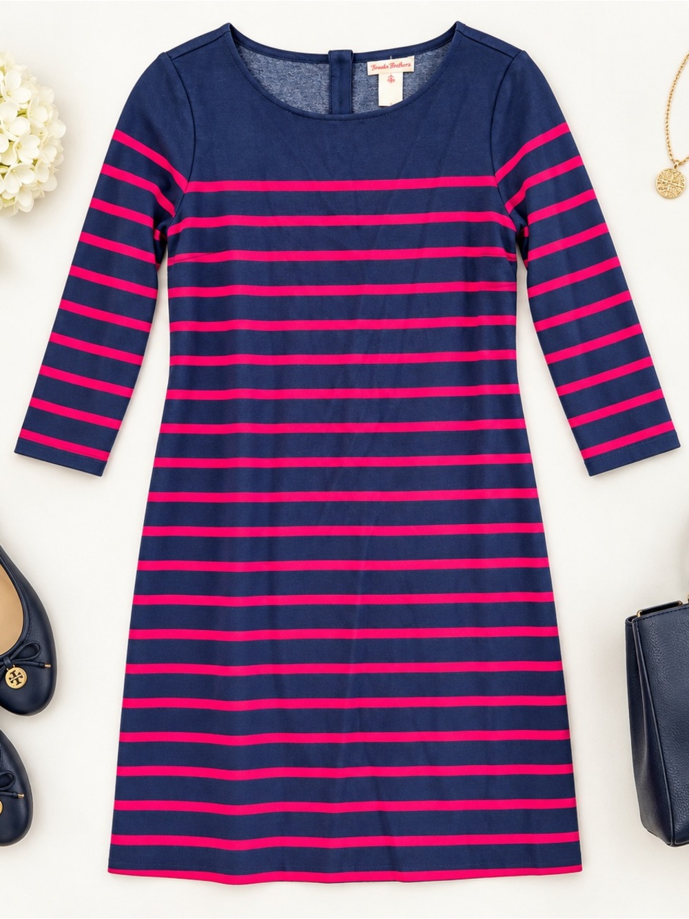 Brooks Brothers Navy Dress with Pink Stripes Small